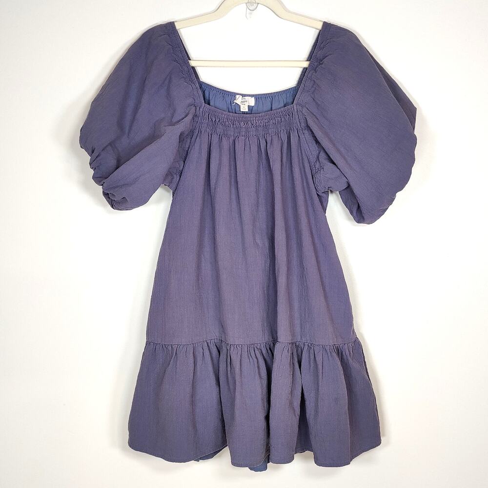 Entro Puff Sleeve Mini‎ Dress Cotton Gauze Blue M Boho Romantic Babydoll Pockets